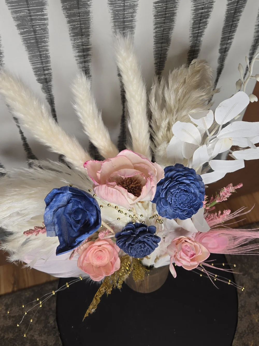 Navy Blue & Blush Pink Sola Wood Flower Arrangement with Feathers + Wood Vase